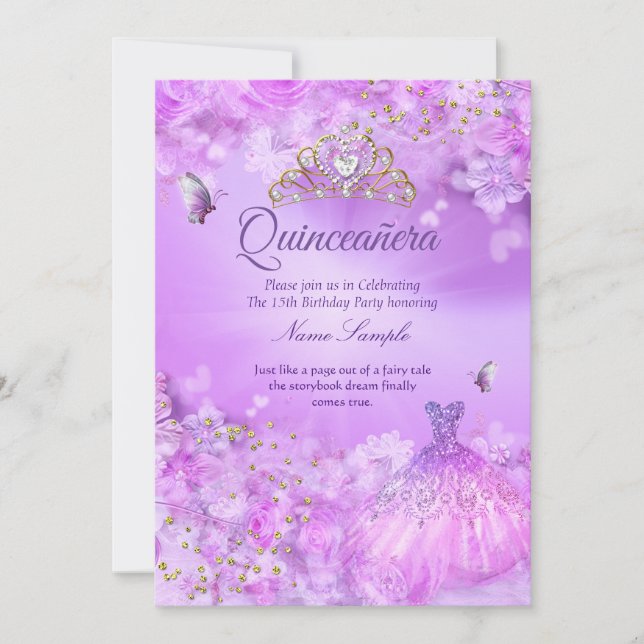 Invitación Ropa floral púrpura de la princesa Quinceanera (Anverso)