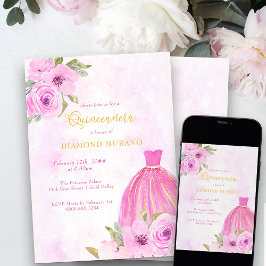 Invitación Ropa floral rosa y dorada de princesa Quinceanera