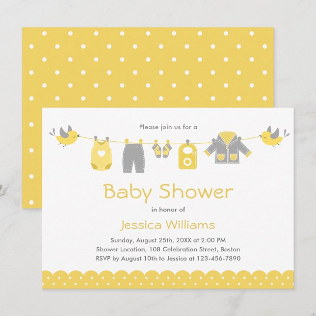 Invitación Ropa gris amarillo suave | Baby Shower neutral (Anverso / Reverso)