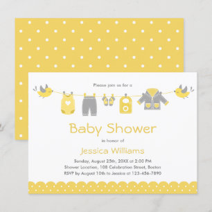 Invitación Ropa gris amarillo suave   Baby Shower neutral