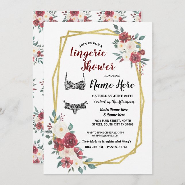 Invitación Ropa interior de ducha dorada acuarela roja crema  (Anverso / Reverso)