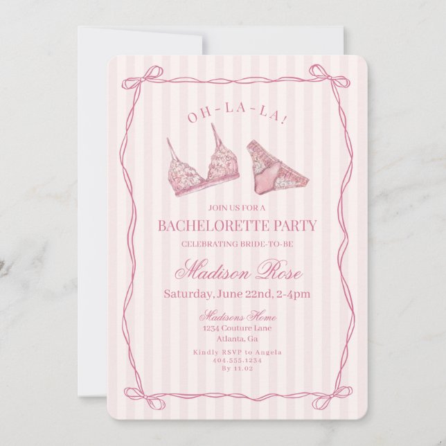 Invitación Ropa Interior de Encaje Rosa Pastel para Despedida (Anverso)