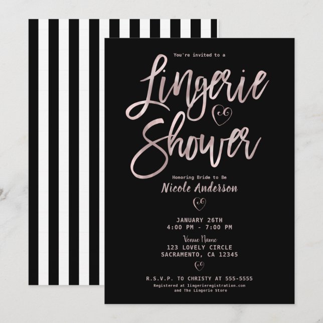 Invitación Ropa interior de rayas blancas y negras Rosa Dorad (Anverso / Reverso)