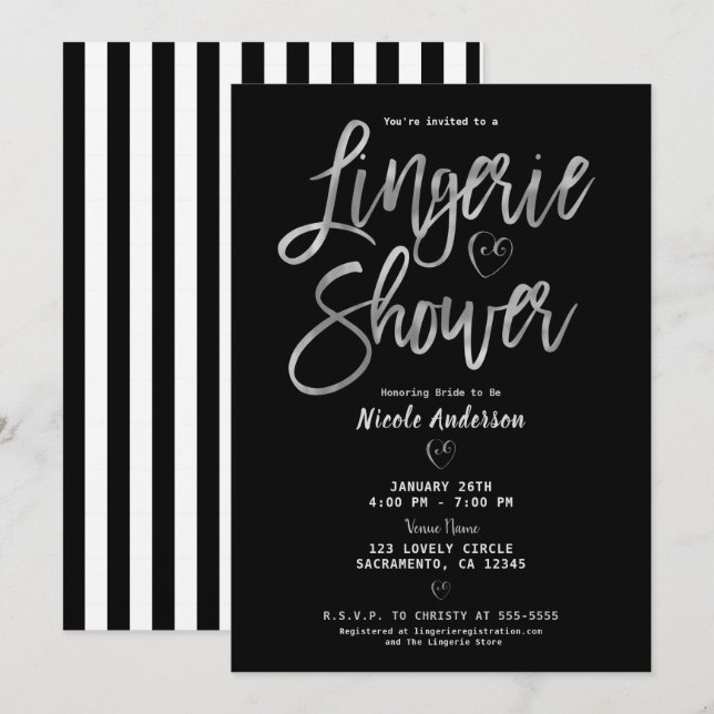 Invitación Ropa interior de rayas blancas y negras rosa dorad (Anverso / Reverso)