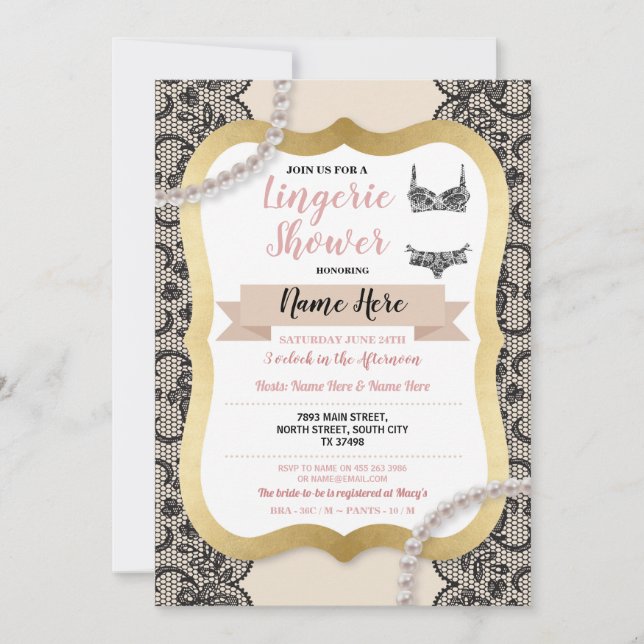 Invitación Ropa interior Ducha Oro Crema Encaje Sostén Perla (Anverso)
