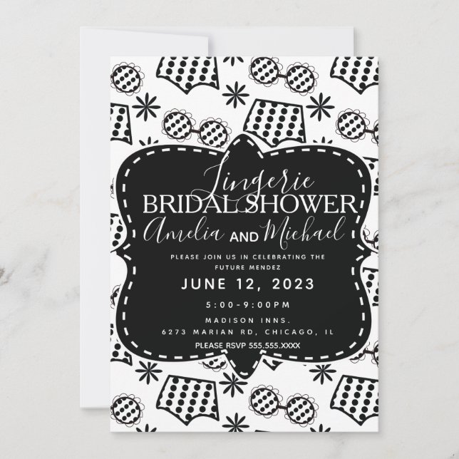 Invitación Ropa Interior Retro con Dibujos Florales Negros pa (Anverso)