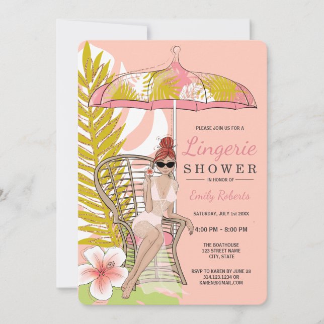 Invitación Ropa Interior Tropical Ducha Novia Pelirroja (Anverso)