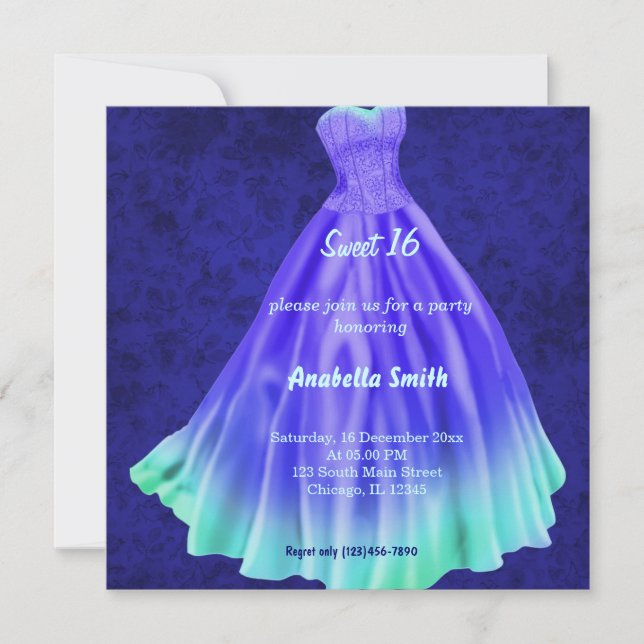 Invitación Ropa larga Dulce 16 (Azul) (Anverso)
