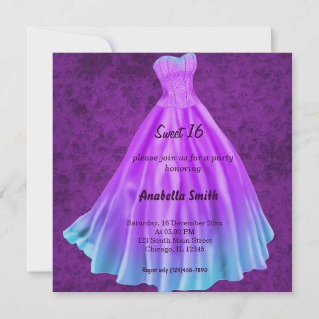 Invitación Ropa larga dulce 16 (púrpura) (Anverso)