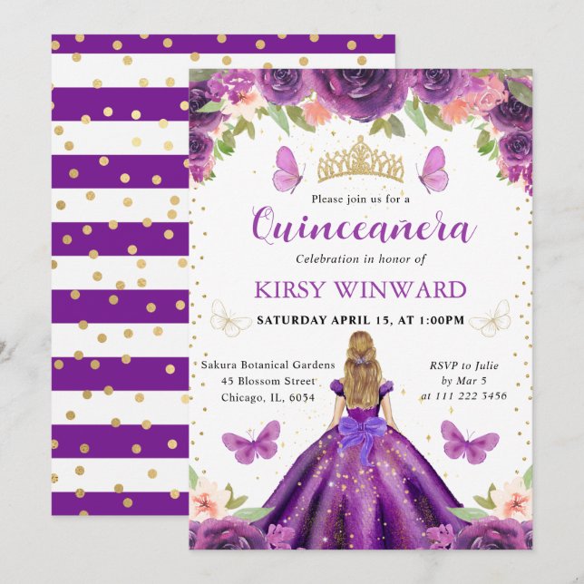 Invitación Ropa morada princesa quinceanera (Anverso / Reverso)