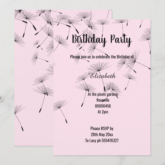 INVITACIÓN ROPA NEGRA CAYENDO DANDELION FLOWER CUMPLEAÑOS (Anverso / Reverso)