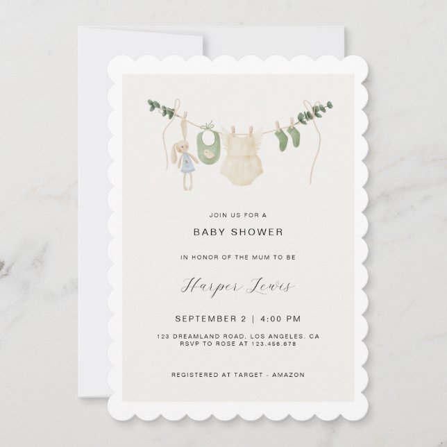 Invitación Ropa neutral de género Foto Baby Shower (Anverso)