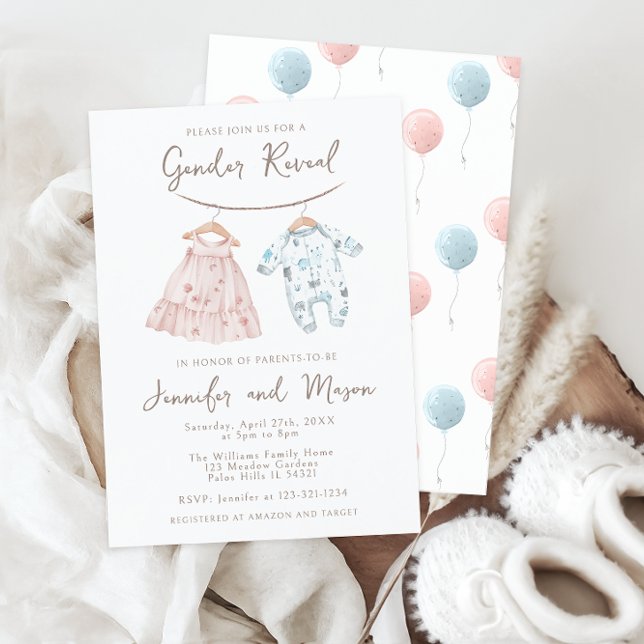 Invitación Ropa rosa azul para bebé, revelación de género boh (Subido por el creador)