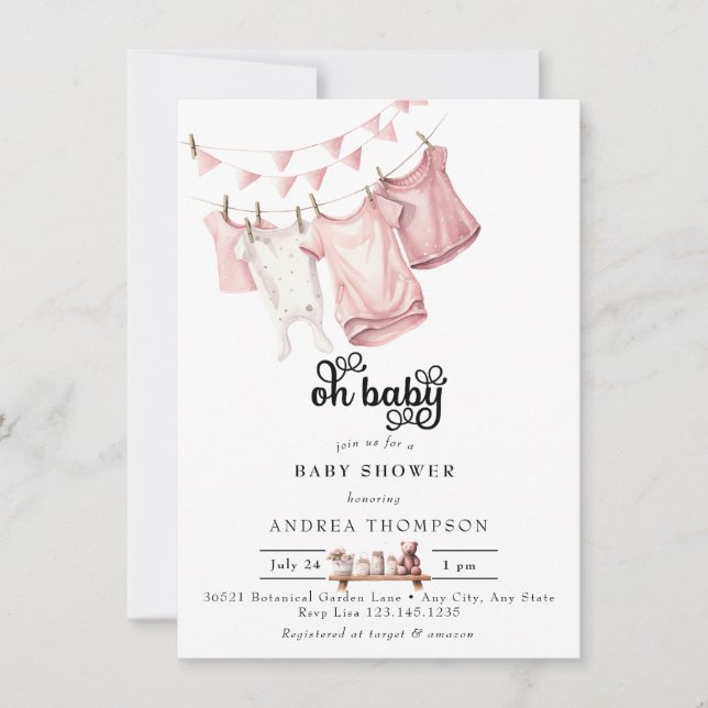 Invitación Ropa rosa para bebés | Watercolor Baby Shower (Anverso)