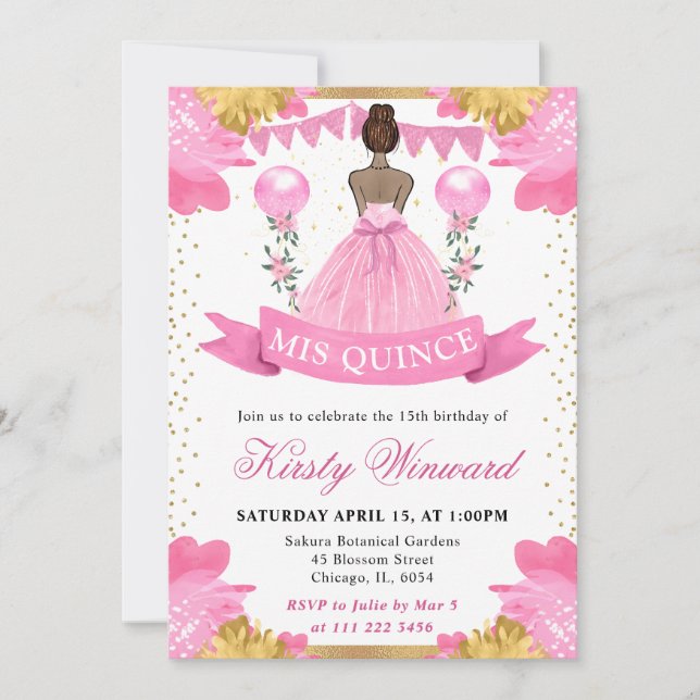 Invitación Ropa rosa Recta Oscura Princesa Quinceanera (Anverso)
