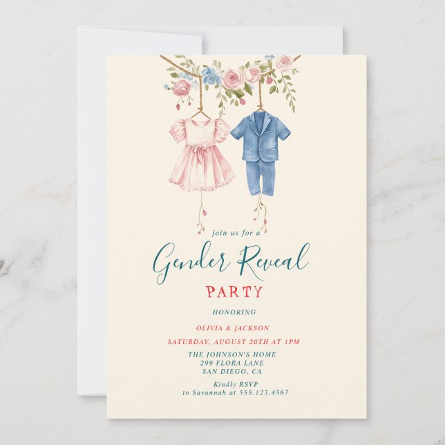 Invitación Ropa rosa y azul Género revelan Fiesta (Anverso)