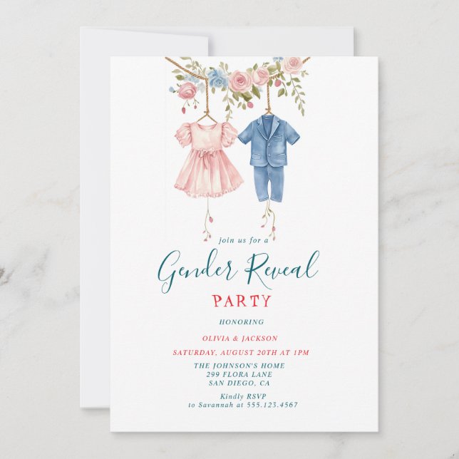 Invitación Ropa rosa y azul Género revelan Fiesta (Anverso)