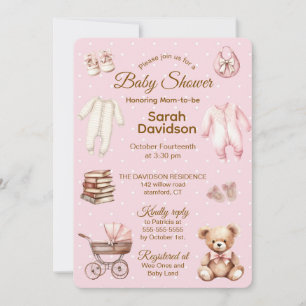 Invitación Ropa y regalos de osito de peluche rosa pastel - f