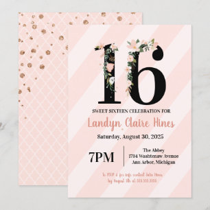 Invitación Rosa 16 del dulce dieciséis y cumpleaños florales