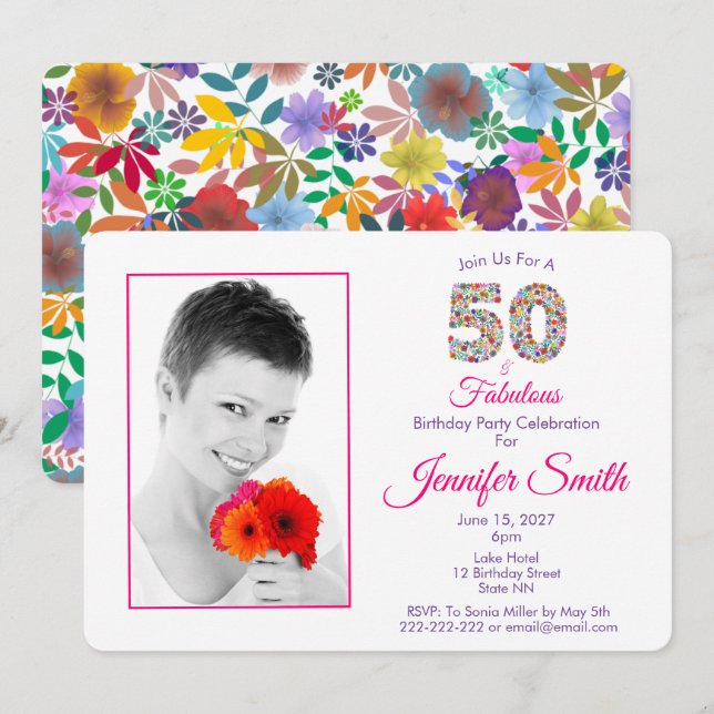 Invitación Rosa 50 y fabulosa celebración de cumpleaños númer (Anverso / Reverso)