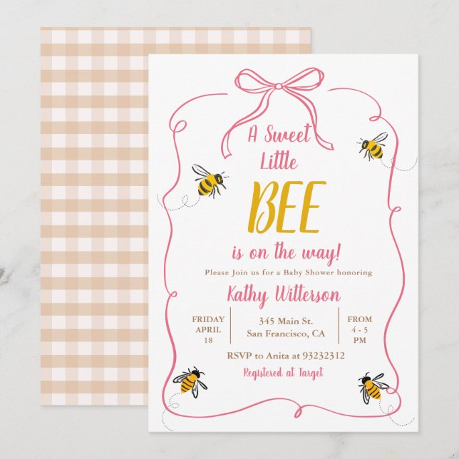 Invitación Rosa A Dulce Abeja Gingham Baby Shower (Anverso / Reverso)
