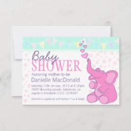 Invitación rosa a la ducha de bebé de elefante lin