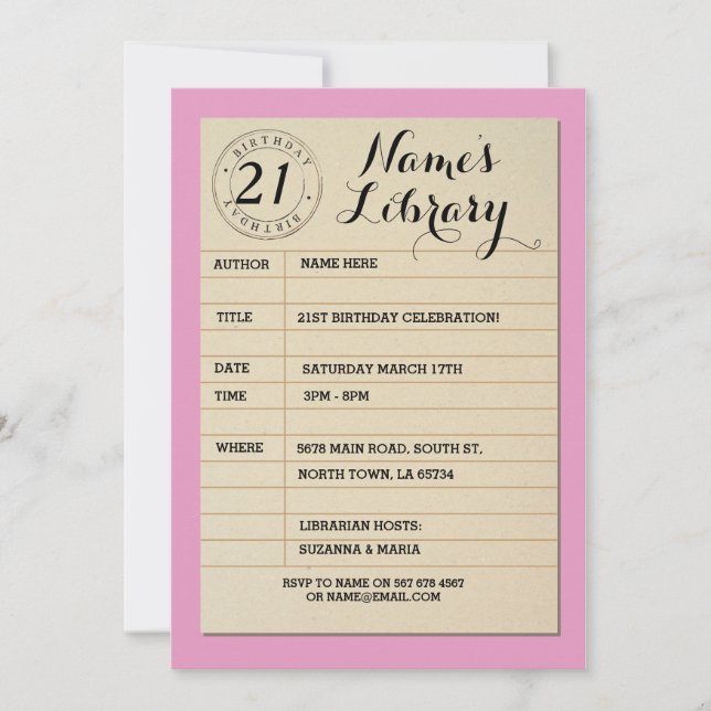 Invitación rosa a la fiesta de cumpleaños del libr (Anverso)
