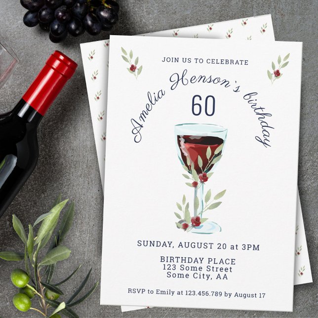 Invitación Rosa Acuarela de Vino Tinto Rústico Cumpleaños 60 (Subido por el creador)