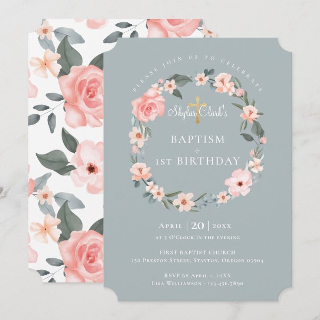 Invitación Rosa acuarela Floral Baptismo de flor Primer cumpl (Anverso / Reverso)