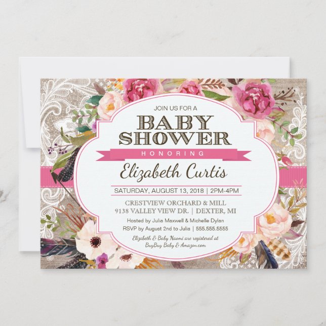 Invitación Rosa acuarela Floral & Lace Boho Baby Shower (Anverso)