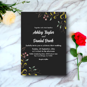 Invitación Rosa acuarela simple deja Boda floral negro