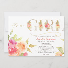 Invitación Rosa acuarela y ducha de bebé dorada