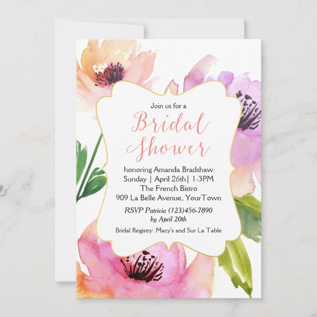 Invitación Rosa acuático Floral Bridal Shower (Anverso)