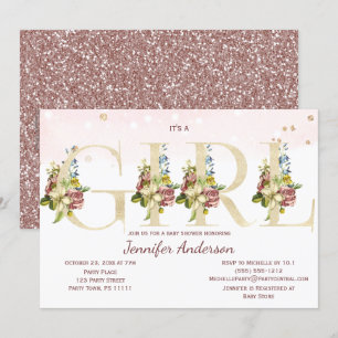 Invitación Rosa acuático Purpurina de oro bebé ducha