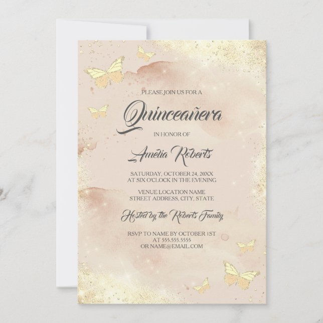 Invitación Rosa acuático Vestido de mariposa dorada Quinceane (Anverso)
