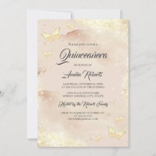Invitación Rosa acuático Vestido de mariposa dorada Quinceane