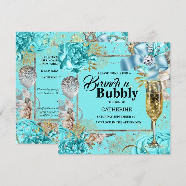 Invitación Rosa acuático vintage chic burbujeante purpurina (Anverso / Reverso)