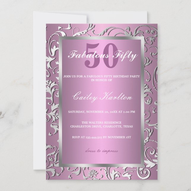 Invitación Rosa adornado cincuenta fabulosos del modelo del (Anverso)