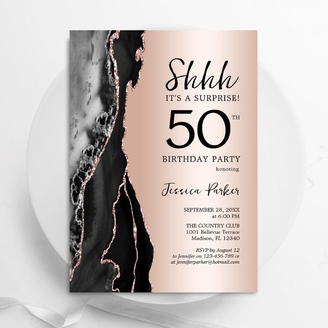 Invitación Rosa Agate Negro de Oro Sorpresa 50 cumpleaños (Subido por el creador)