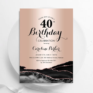 Invitación Rosa Agate Negro Oro 40 cumpleaños