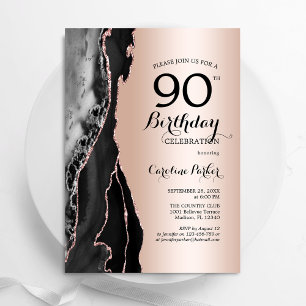Invitación Rosa Agate Negro Oro 90 cumpleaños