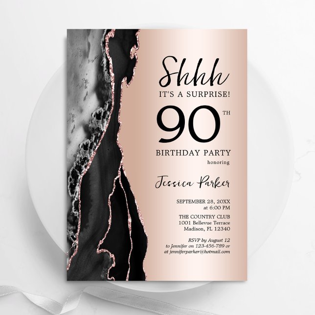 Invitación Rosa Agate Negro Oro Sorpresa 90 cumpleaños (Subido por el creador)