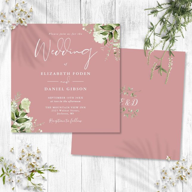 Invitación Rosa agitado verde Floral Monograma cuadrado Boda (Dusty Rose Greenery Floral Monogram Square Wedding Invitation)
