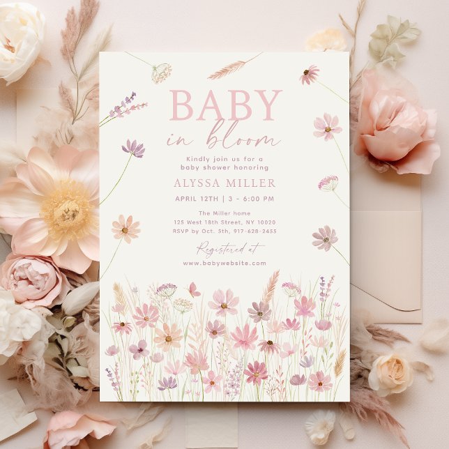 Invitación Rosa agitado y bebé flores silvestres en un Baby S (Subido por el creador)