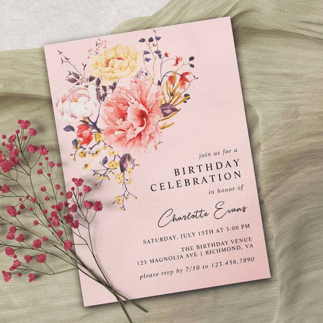 Invitación Rosa | Airy Floral Cualquier Edad Cumpleaños de Ad (Subido por el creador)