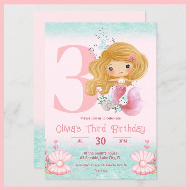 Invitación rosa al cumpleaños de la sirena (Birthday invitation with a cute mermaid with blond hair for little girls)
