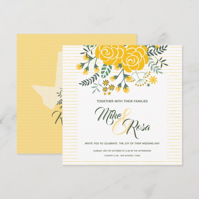 Invitación Rosa Amarilla de Texas - Gingham con Boda Rosa (Anverso / Reverso)