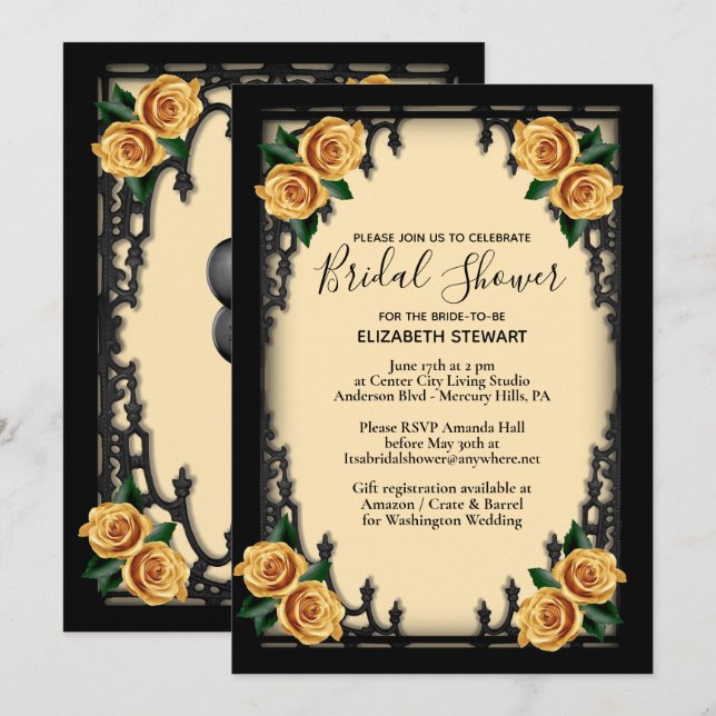 Invitación Rosa Amarilla Gótica Bridal Shower Amarillo (Anverso / Reverso)