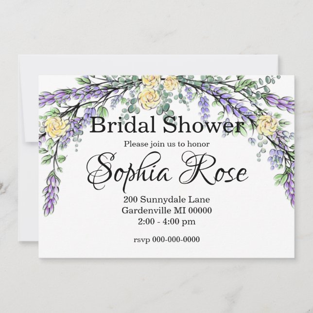 Invitación Rosa amarilla lavanda y bridal shower de eucalipto (Anverso)