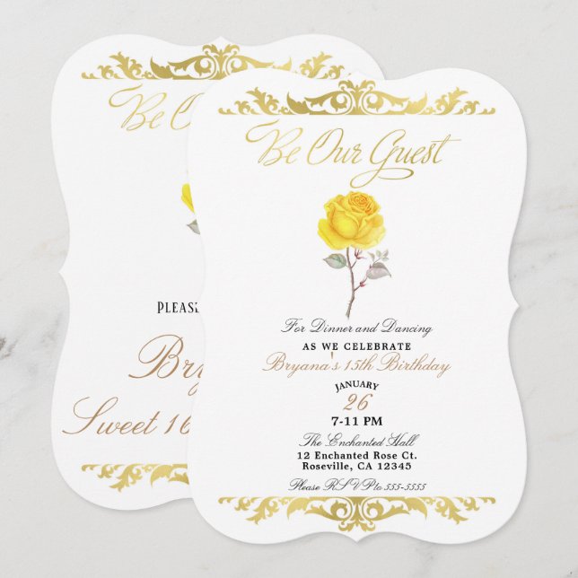 Invitación Rosa Amarilla y Fiesta de Cumpleaños Elegante de O (Anverso / Reverso)